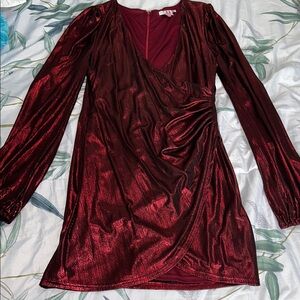 Fashion Nova Red Ruched Wrap Dress with Bishop Sleeves